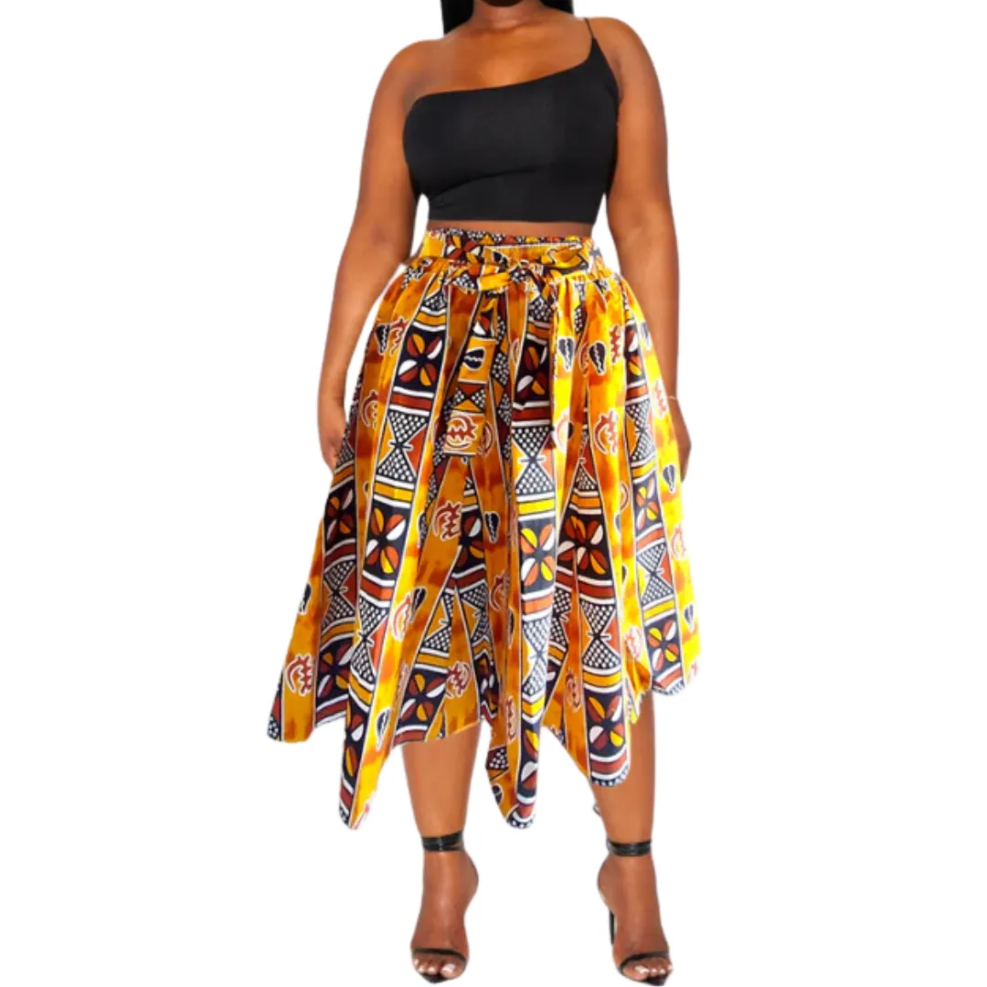 African Ankara Print Midi Skirt with Pocket