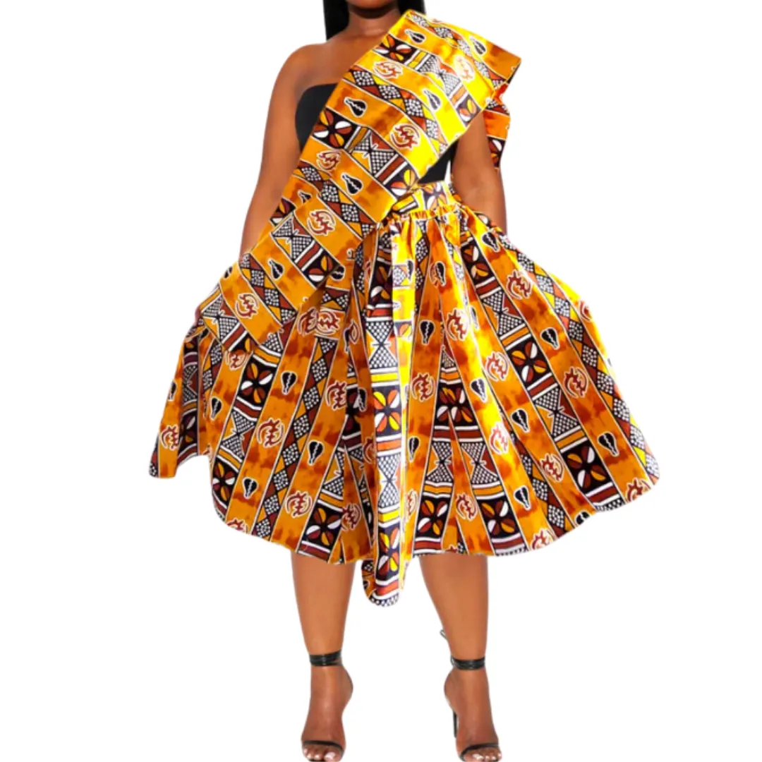 African Ankara Print Midi Skirt with Pocket