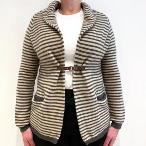 Beige Grey Stripe Cashmere Shawl Collar Cardigan Large
