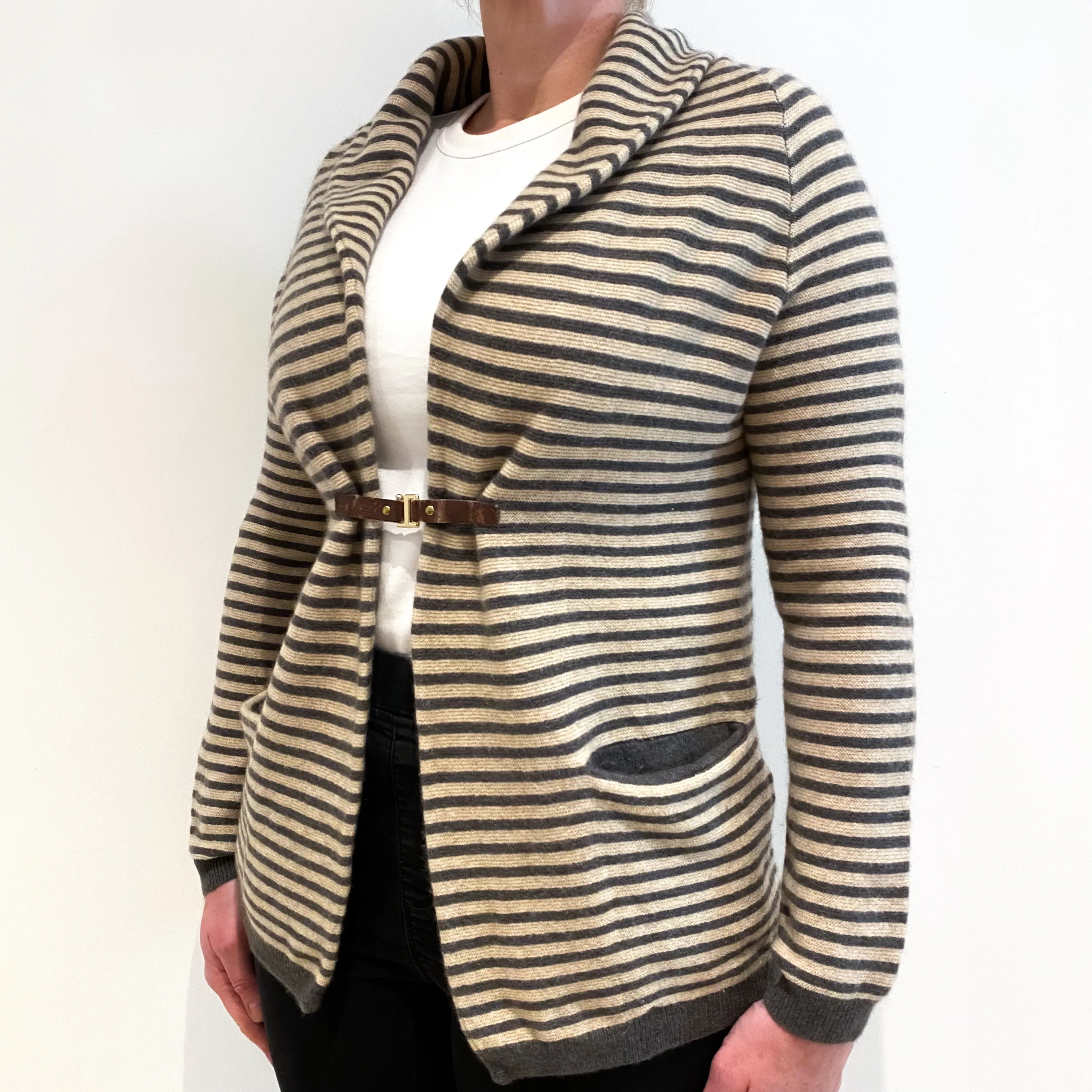 Beige Grey Stripe Cashmere Shawl Collar Cardigan Large