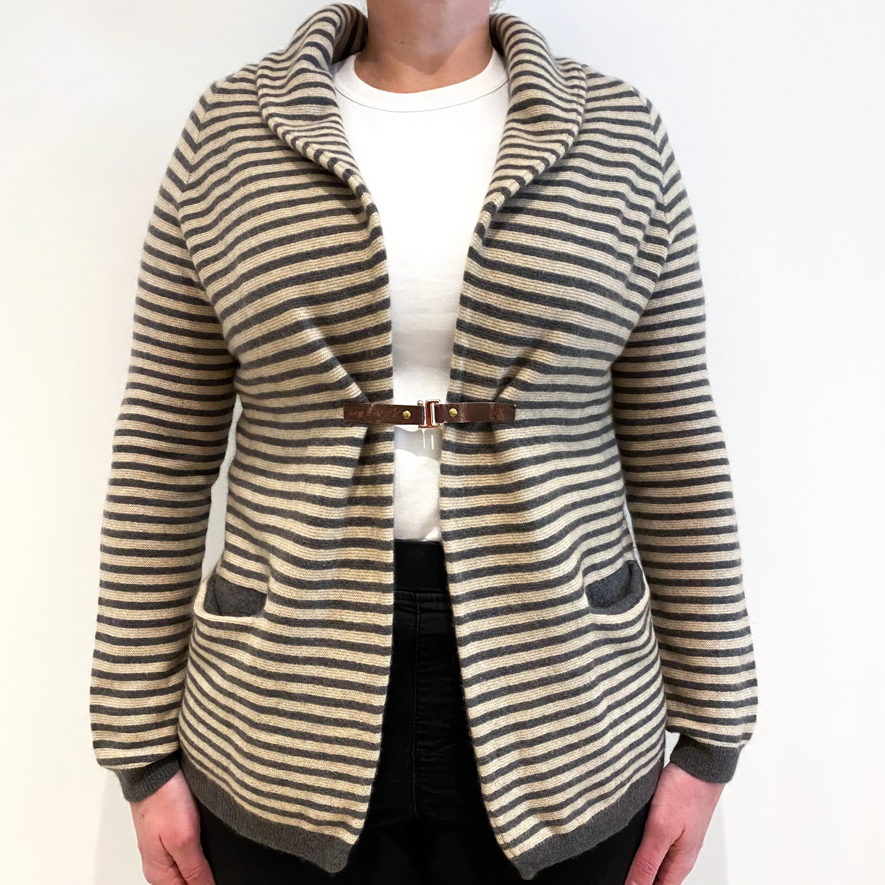 Beige Grey Stripe Cashmere Shawl Collar Cardigan Large