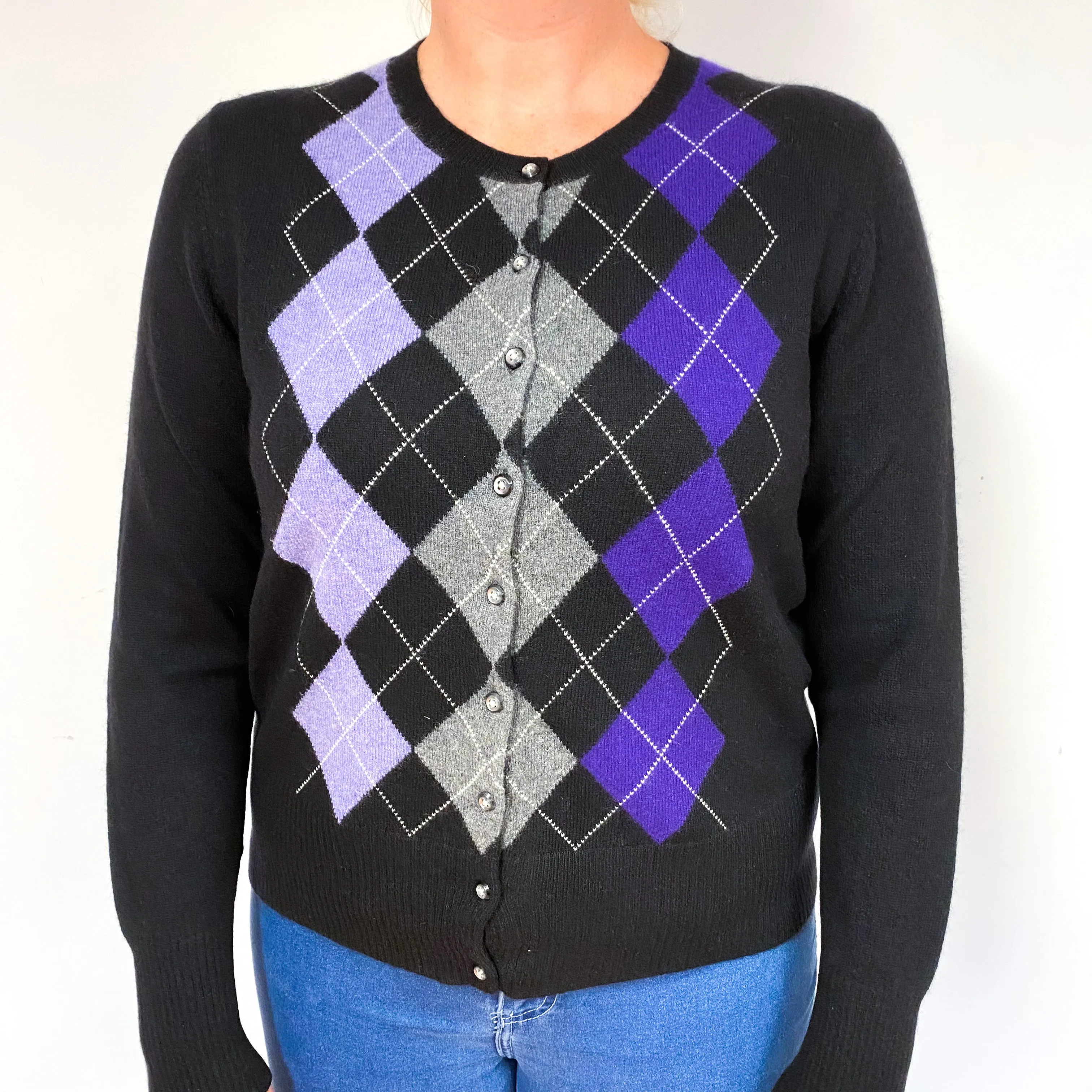 Black Purple Argyle Cashmere Crew Neck Cardigan Large