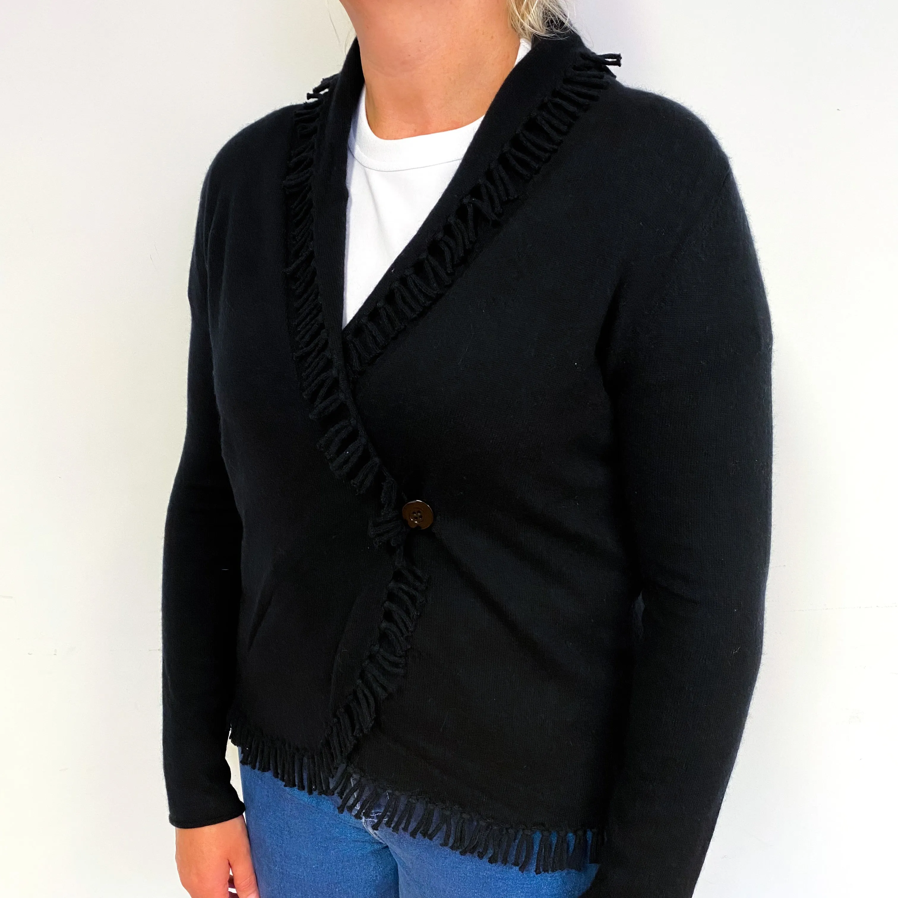 Black Tassel Edged Cashmere V-Neck Cardigan Large