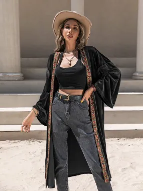 Black Velvet Floral Trim Open Front Flare Sleeve  Cardigan