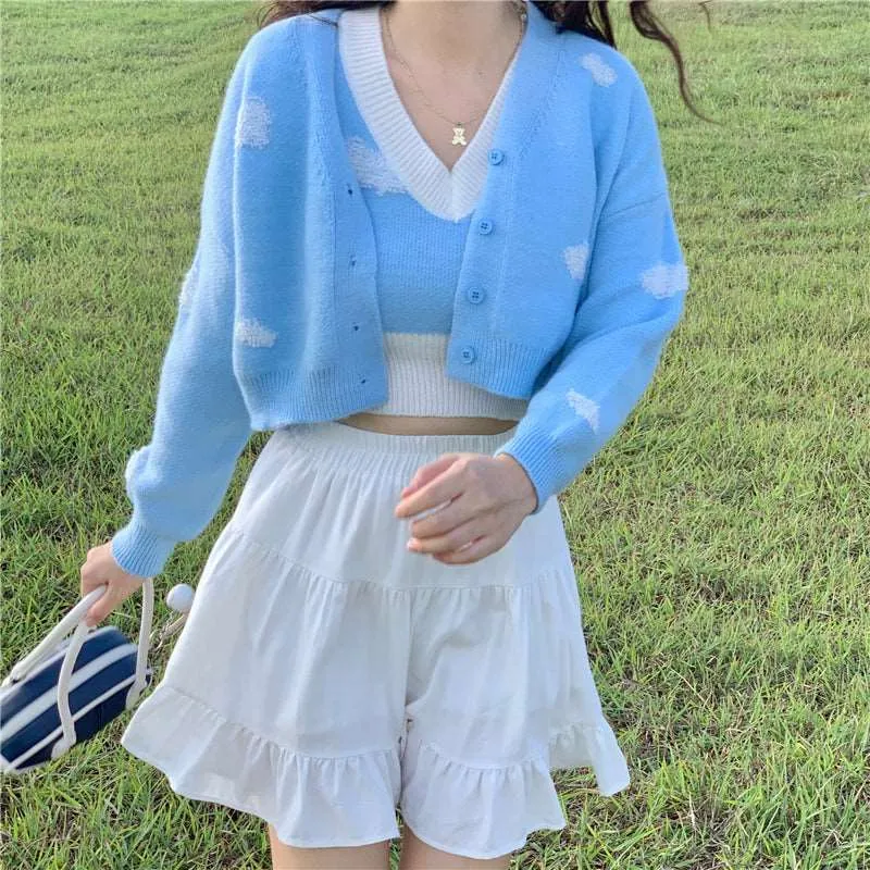 Blue Cloud Knit Vest Top & Cardigan Two piece Set