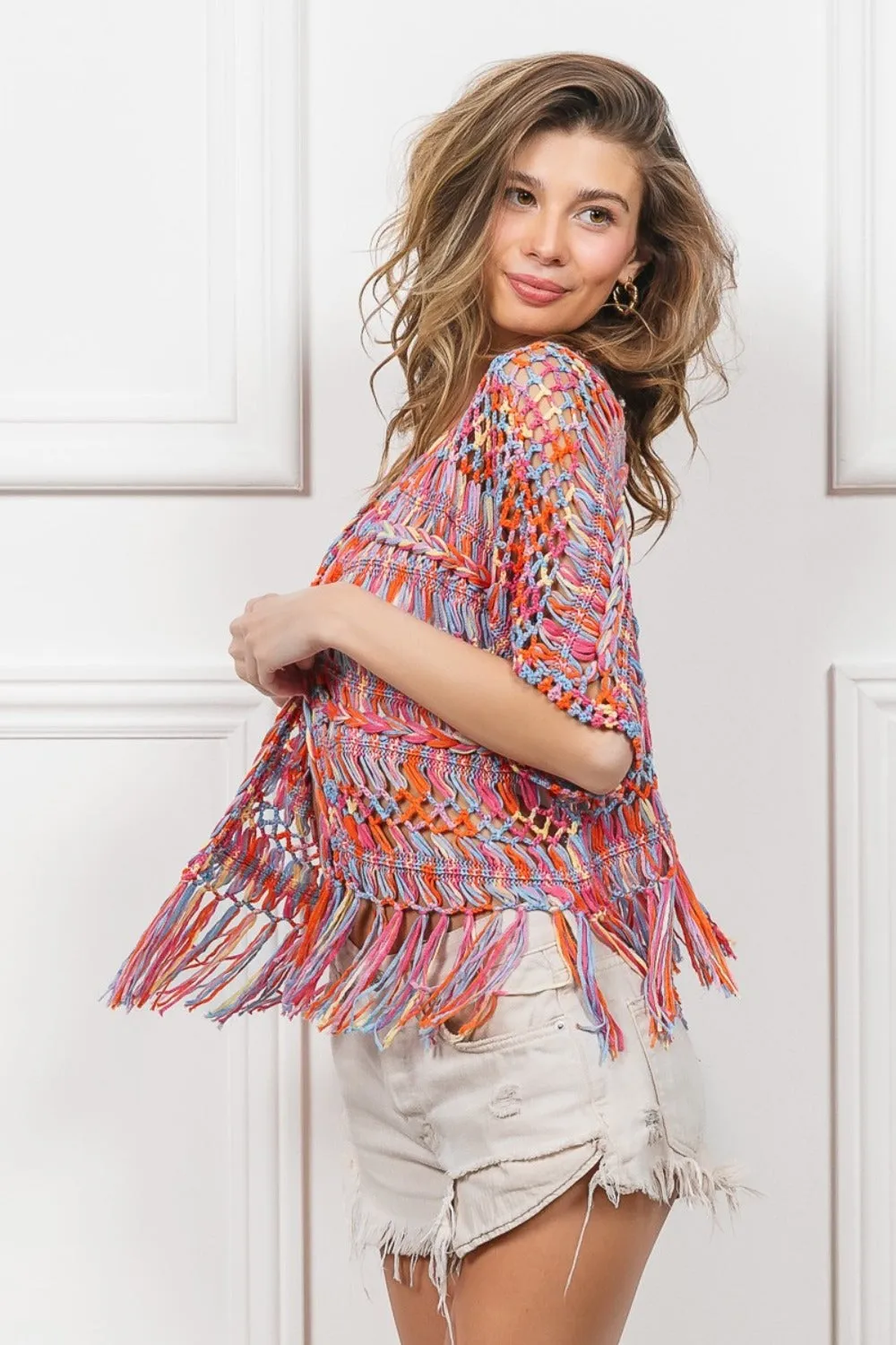 Blue Zone Planet |  BiBi Open Front Fringed Crop Knit Cardigan