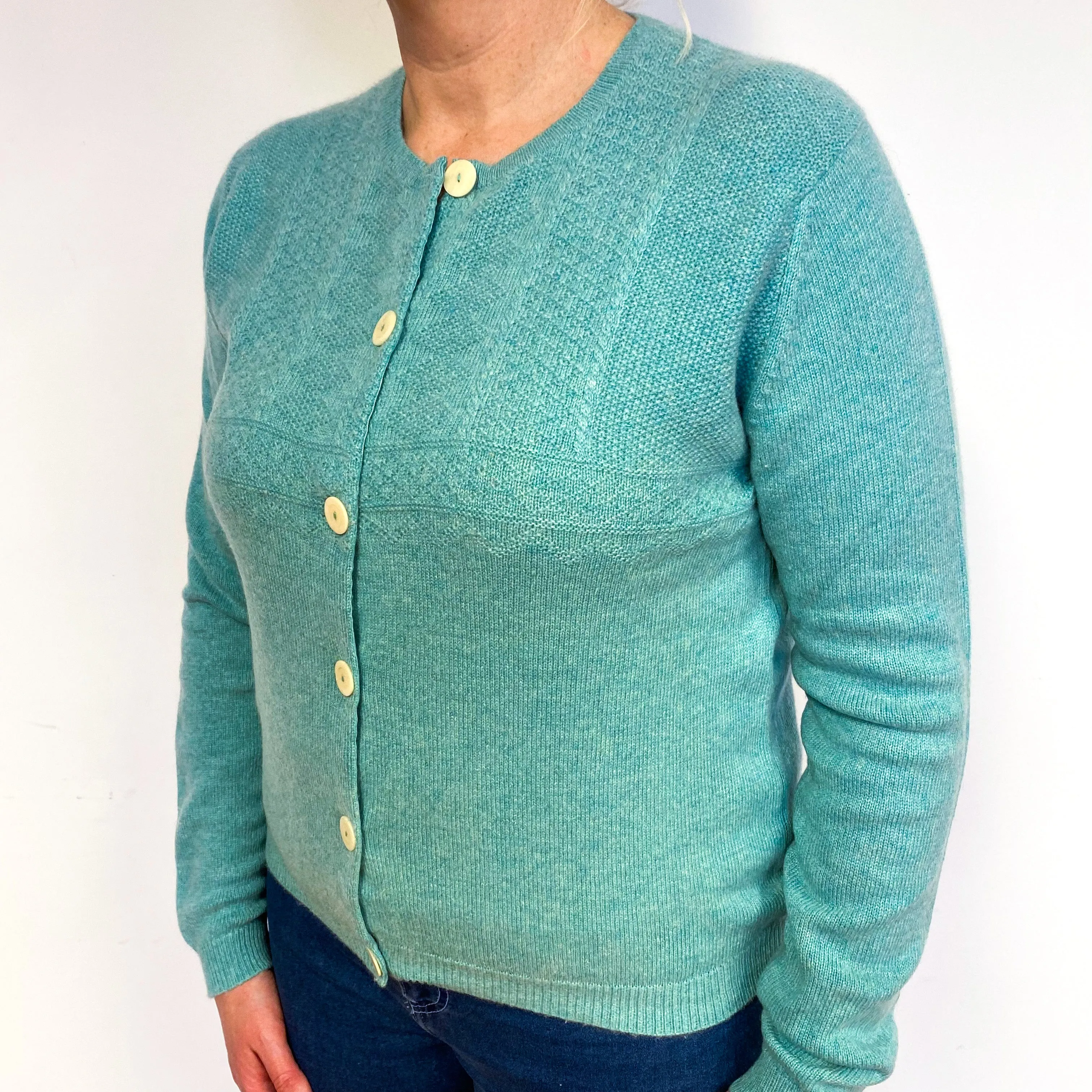 Brora Deep Mint Green Cashmere Crew Neck Cardigan Large