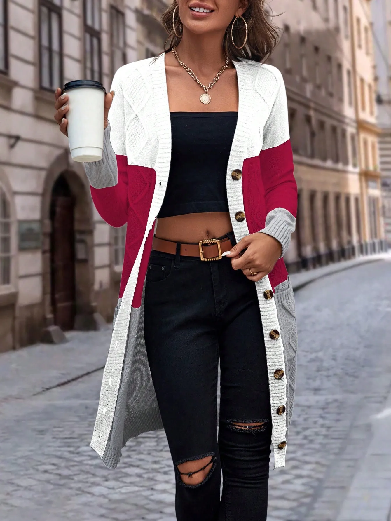 Cable Knit Colour Block Longline V-Neck Cardigan