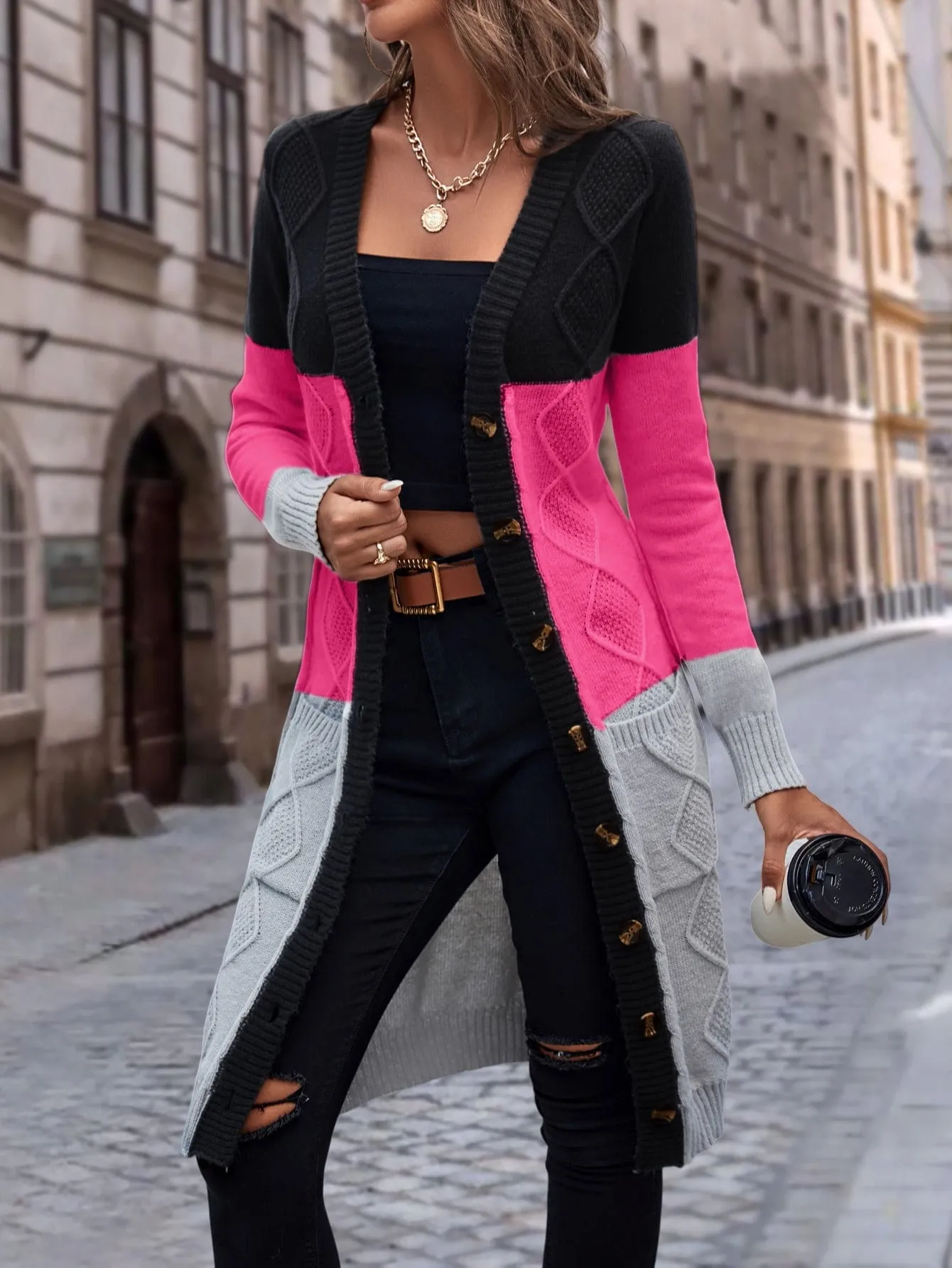 Cable Knit Colour Block Longline V-Neck Cardigan