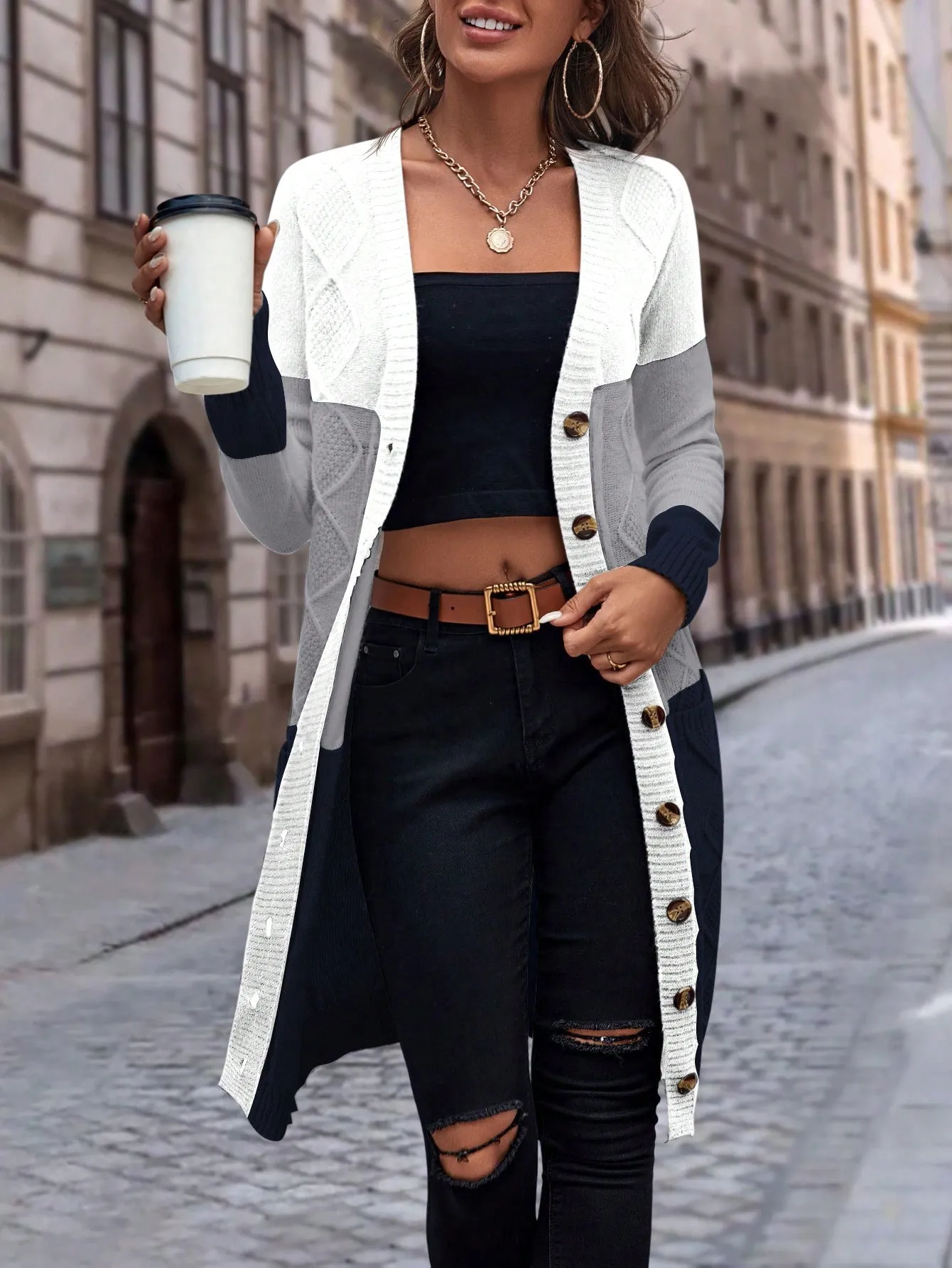 Cable Knit Colour Block Longline V-Neck Cardigan