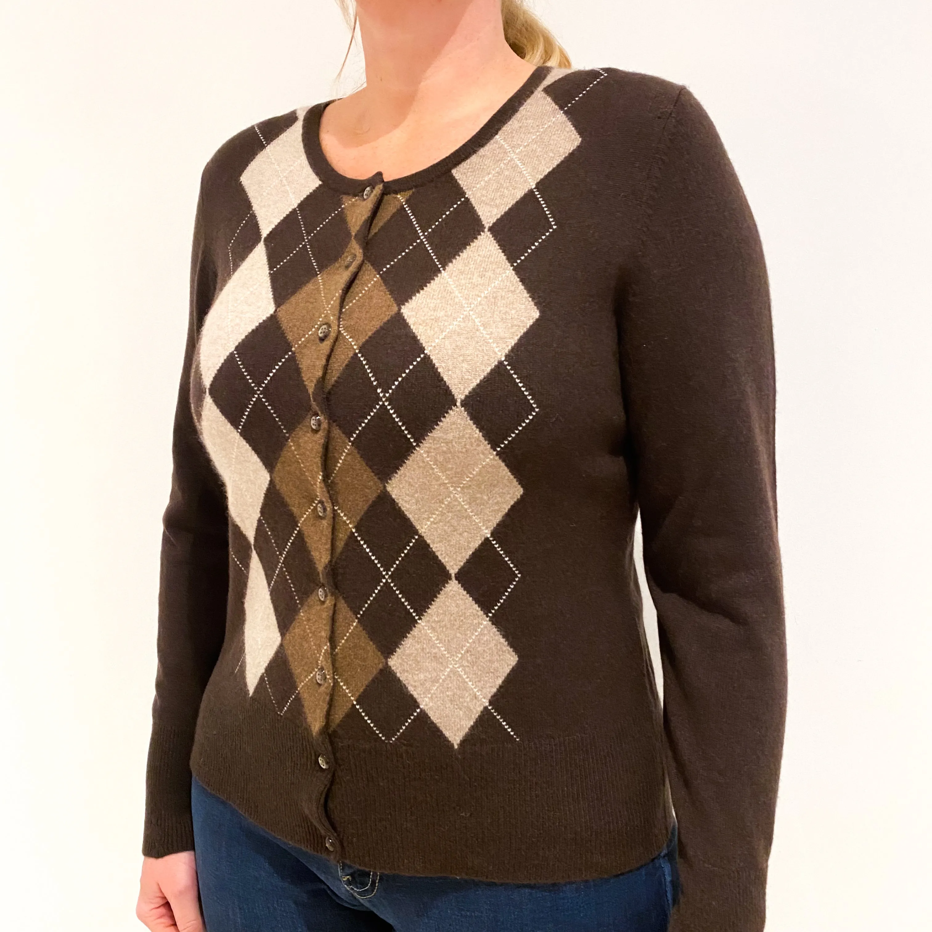 Chocolate Brown Argyle Front Cashmere Crew Neck Cardigan Large
