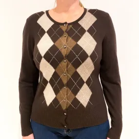 Chocolate Brown Argyle Front Cashmere Crew Neck Cardigan Large