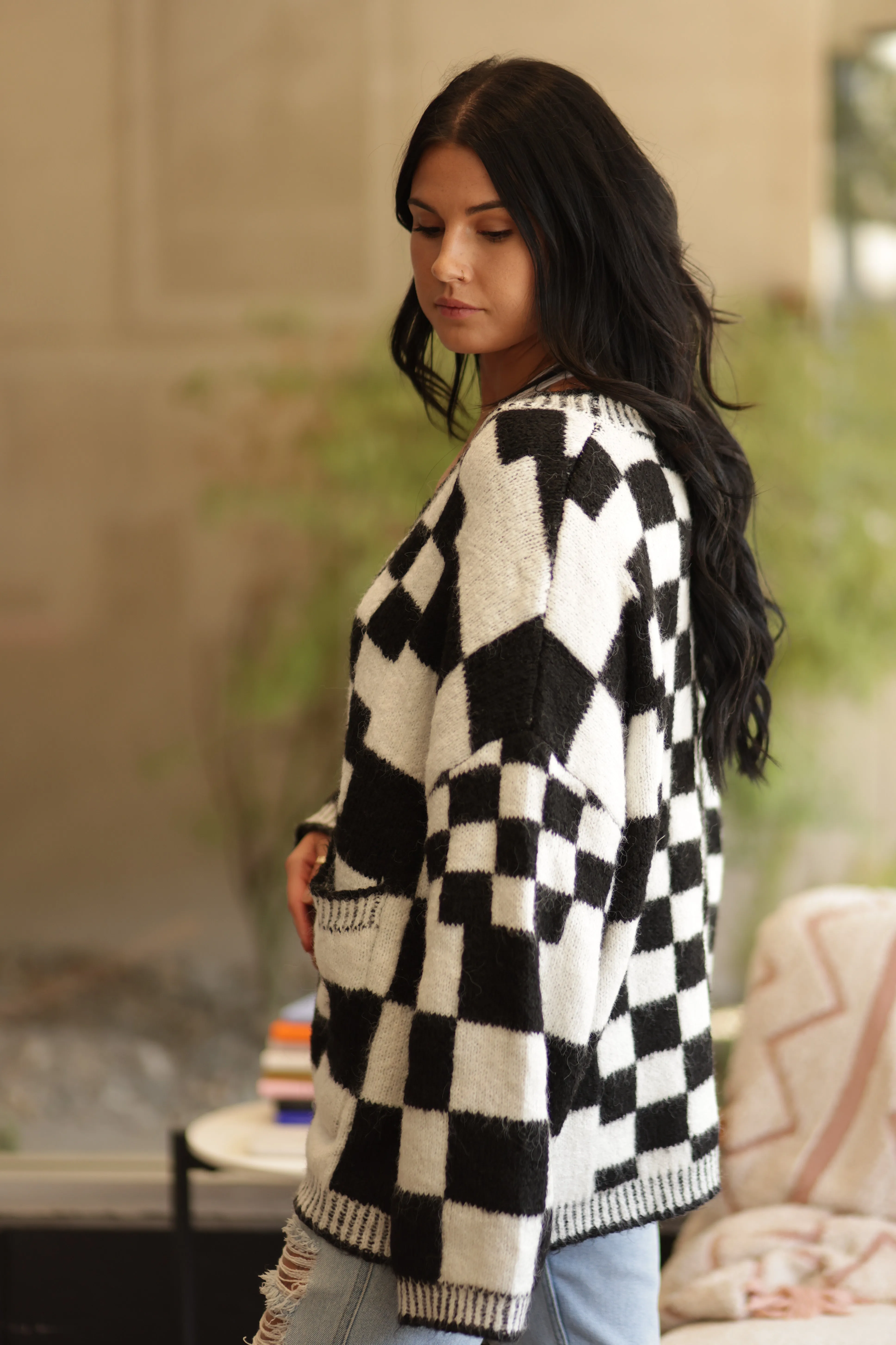 Denica Checkered Sweater Cardigan
