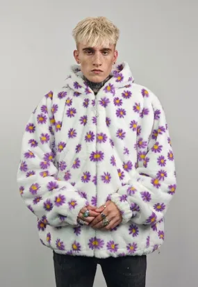 Floral fleece jacket daisy print fluffy bomber hooded coat