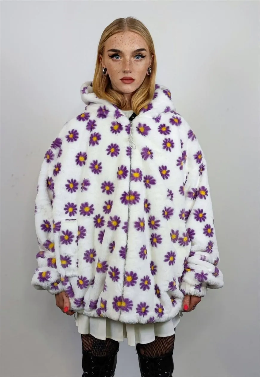 Floral fleece jacket daisy print fluffy bomber hooded coat