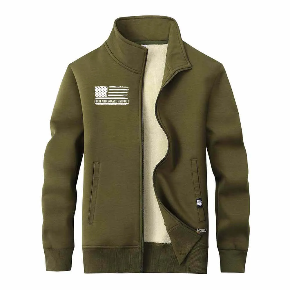 Fuck Around And Find Out Flag Stand Collar Zip Fleece Cardigan