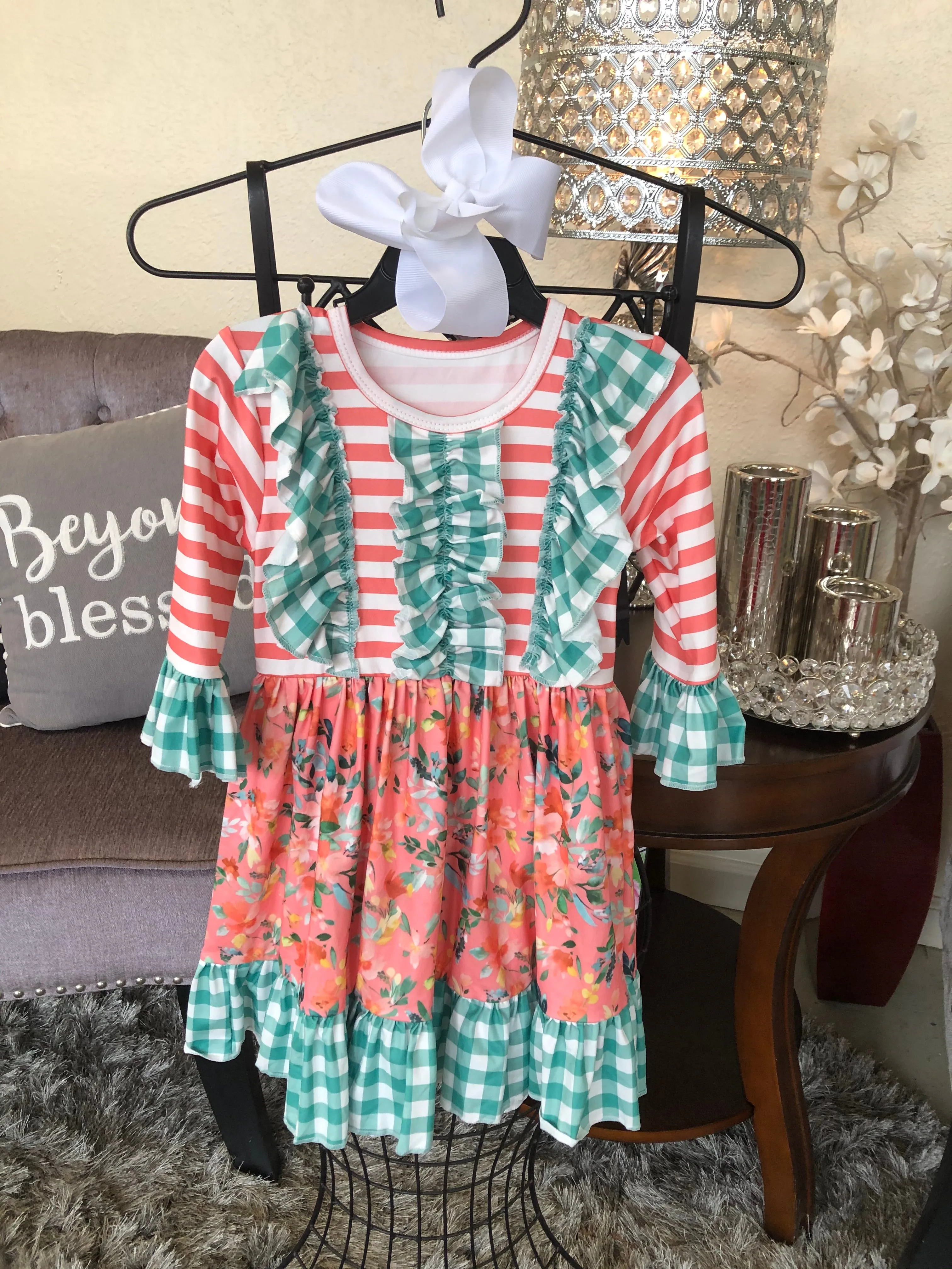 Girl’s Coral Stripe/Floral and Green Check Dress
