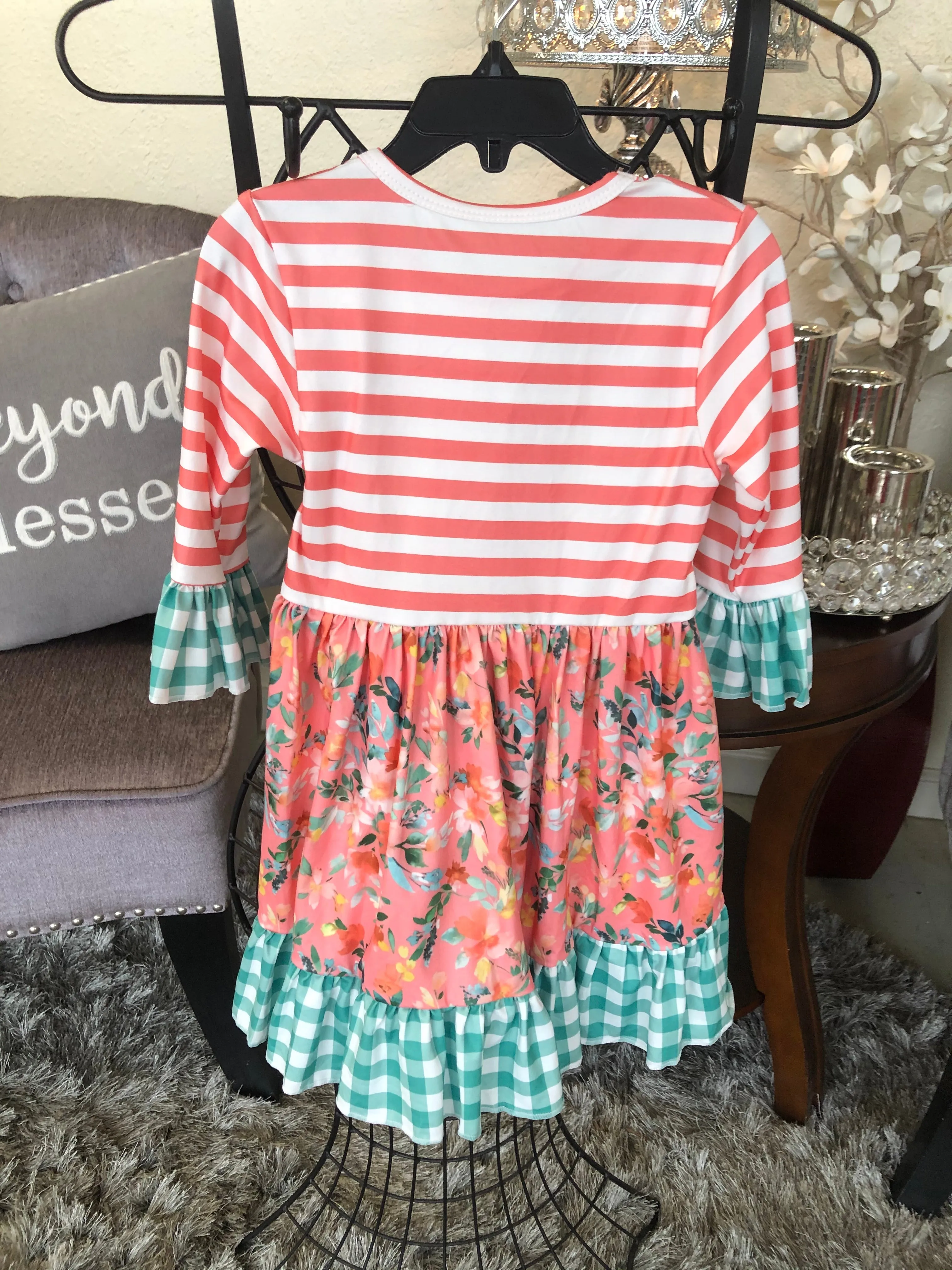 Girl’s Coral Stripe/Floral and Green Check Dress
