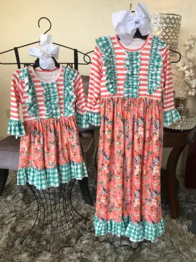 Girl’s Coral Stripe/Floral and Green Check Dress