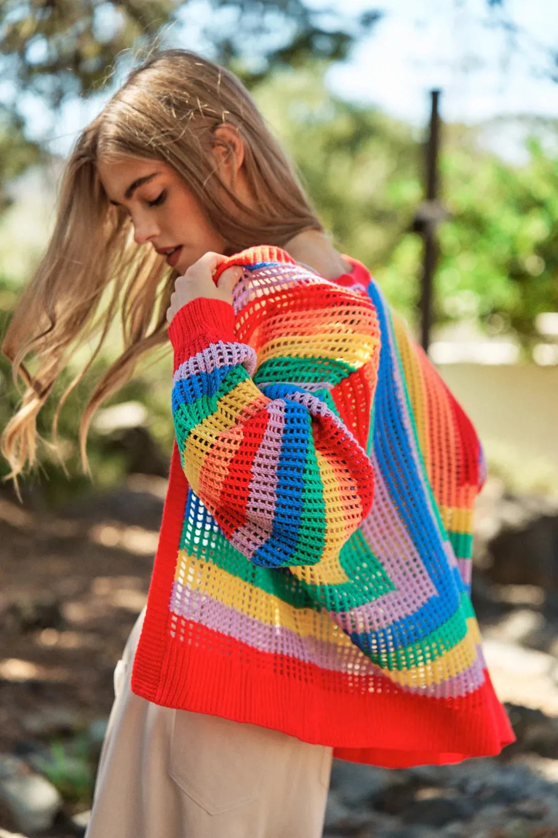In Love Rainbow Crochet Striped Spring Cardigan