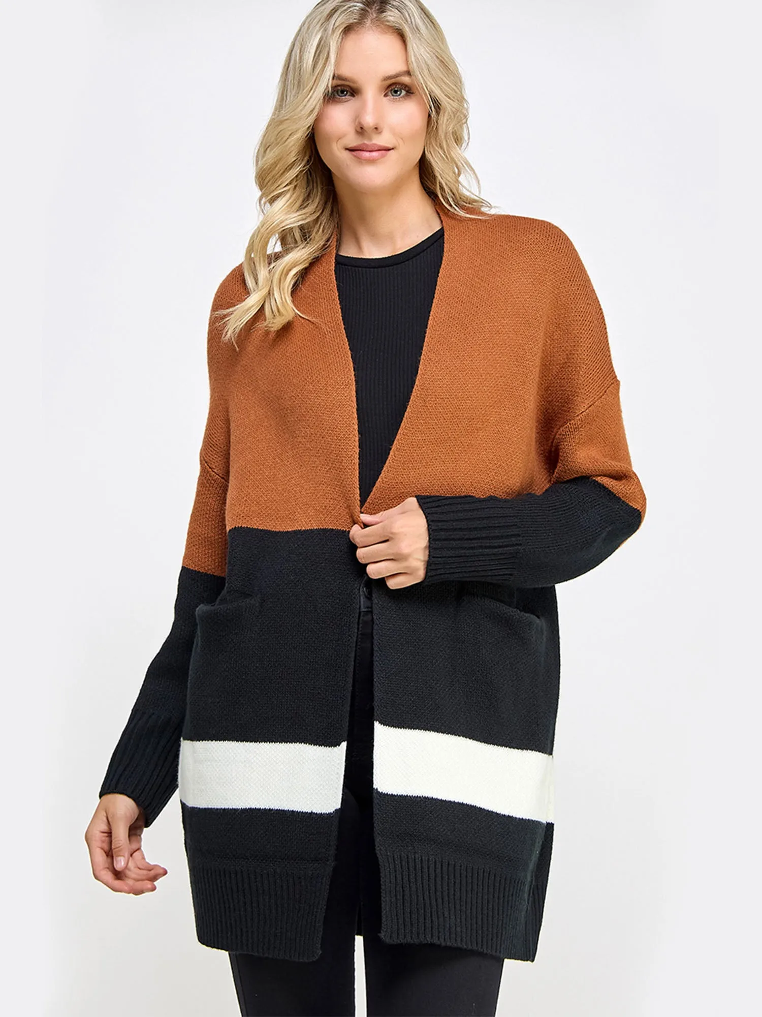 Long Sleeve Colorblock Stripe Open Long Cardigan