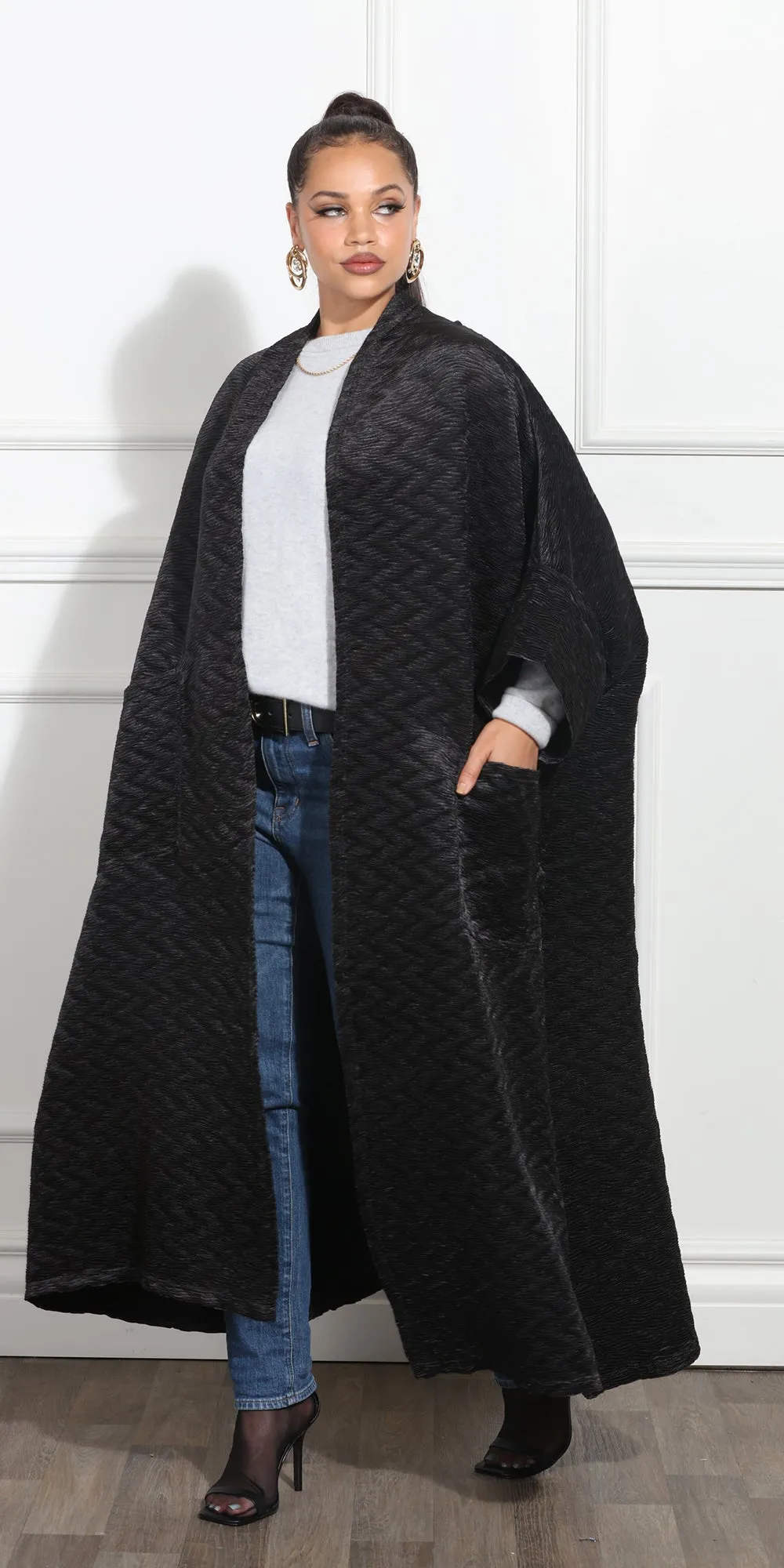 Luxe Moda LM388 - Black - Long Open Quilted Cardigan with Pockets