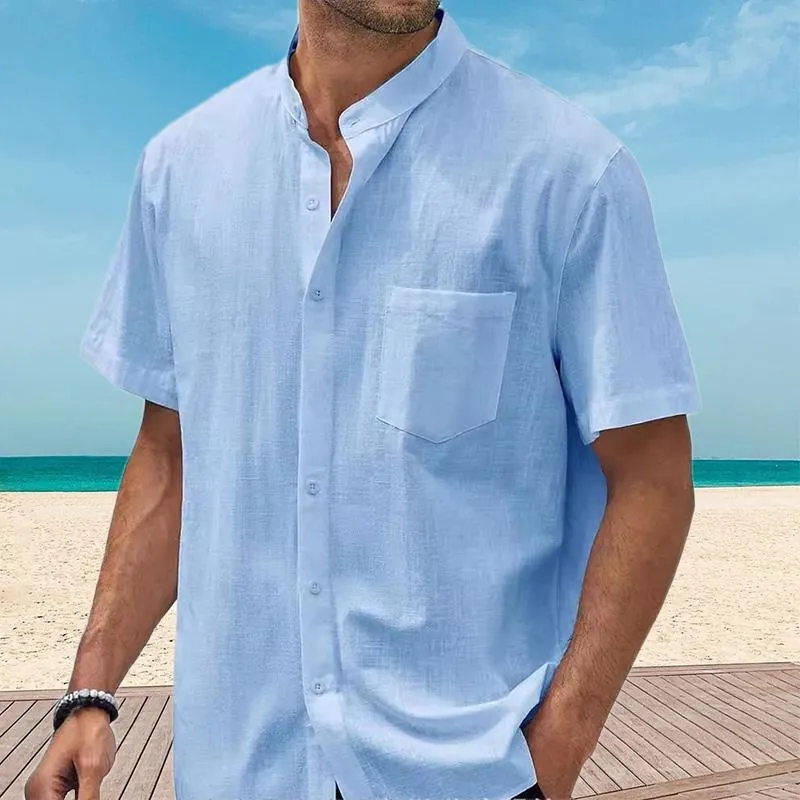 Men's Cotton and Linen Pocket Short Sleeve Shirt 45320039YY