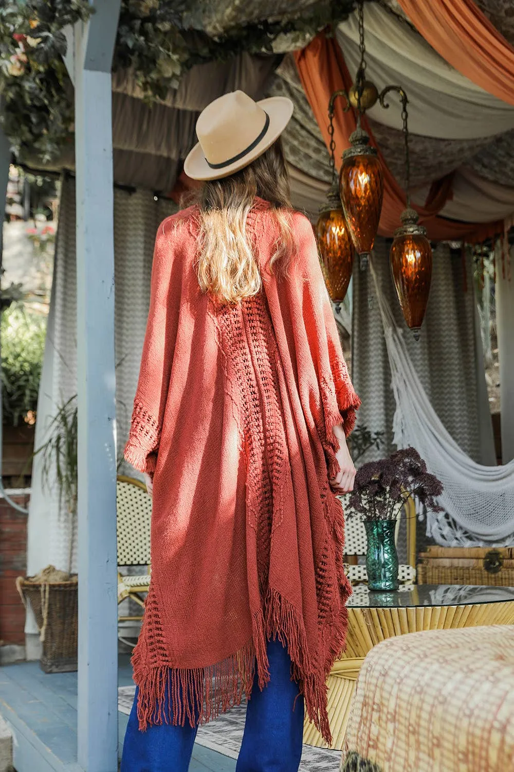 Open Work Frayed Border Bohemian Ruana: Beige
