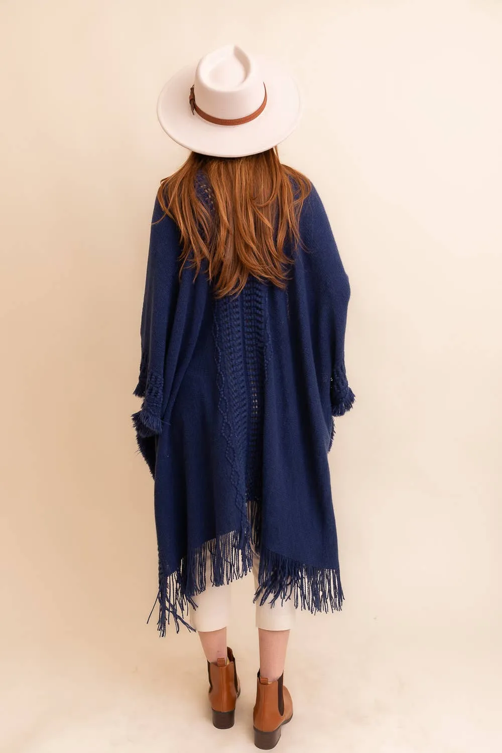 Open Work Frayed Border Bohemian Ruana: Beige