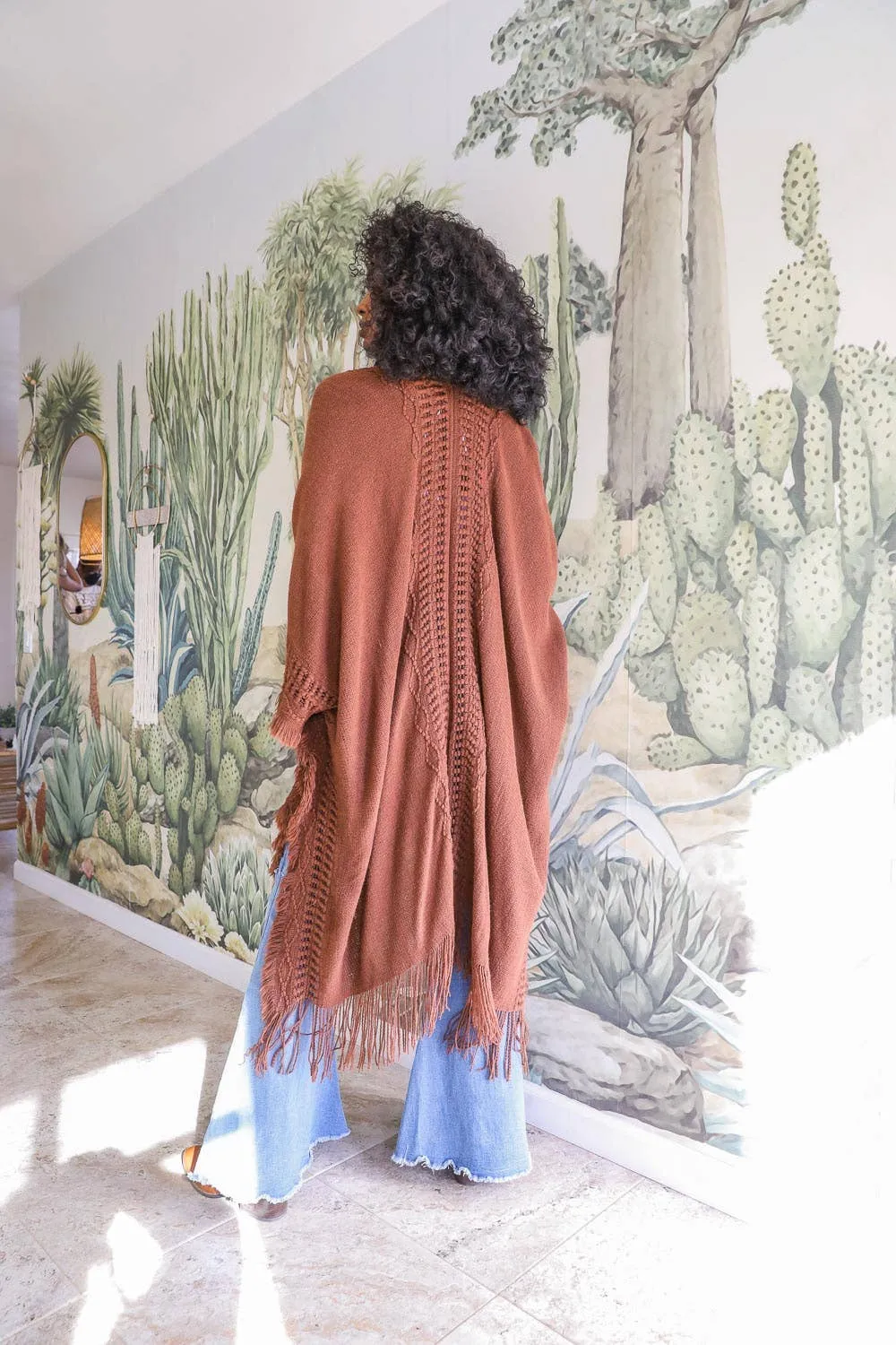Open Work Frayed Border Bohemian Ruana: Beige