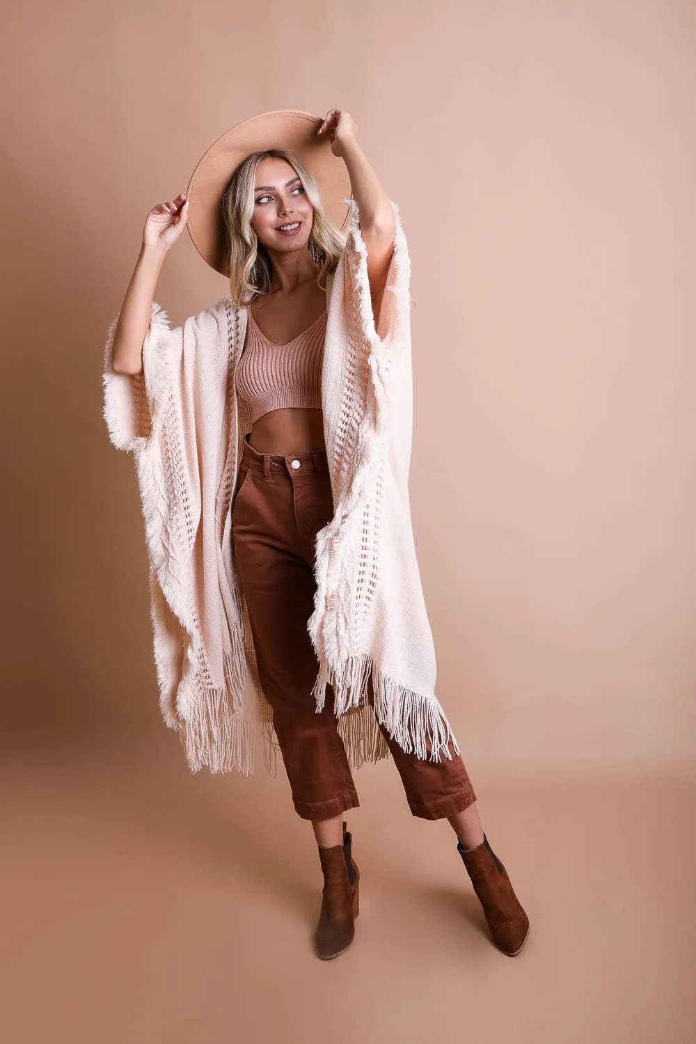 Open Work Frayed Border Bohemian Ruana: Beige