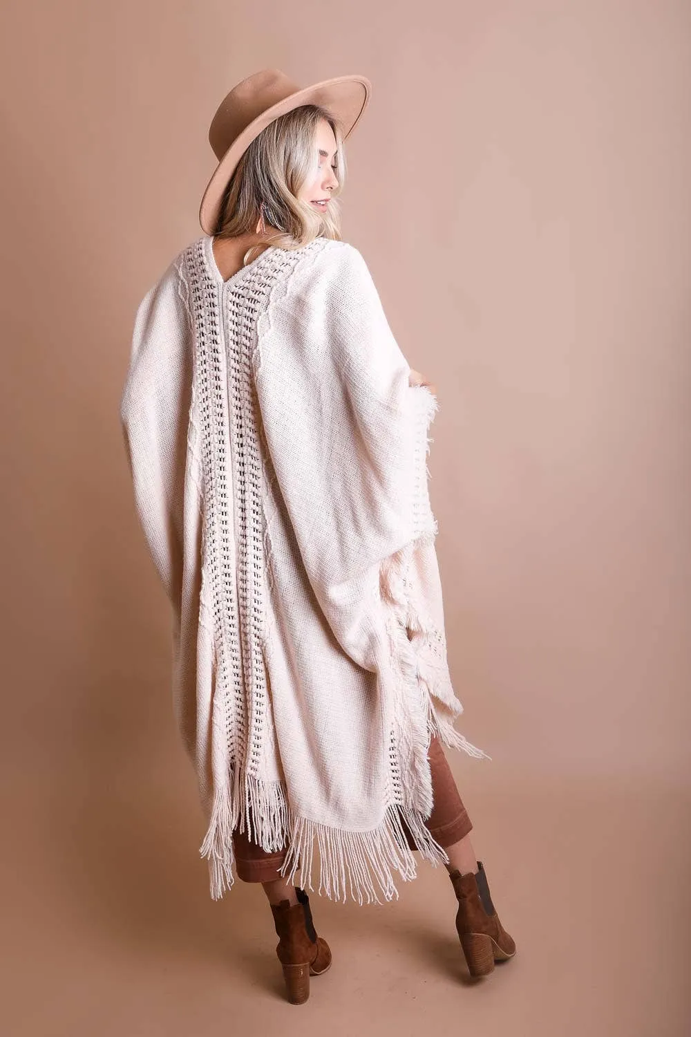 Open Work Frayed Border Bohemian Ruana: Beige