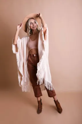 Open Work Frayed Border Bohemian Ruana: Beige