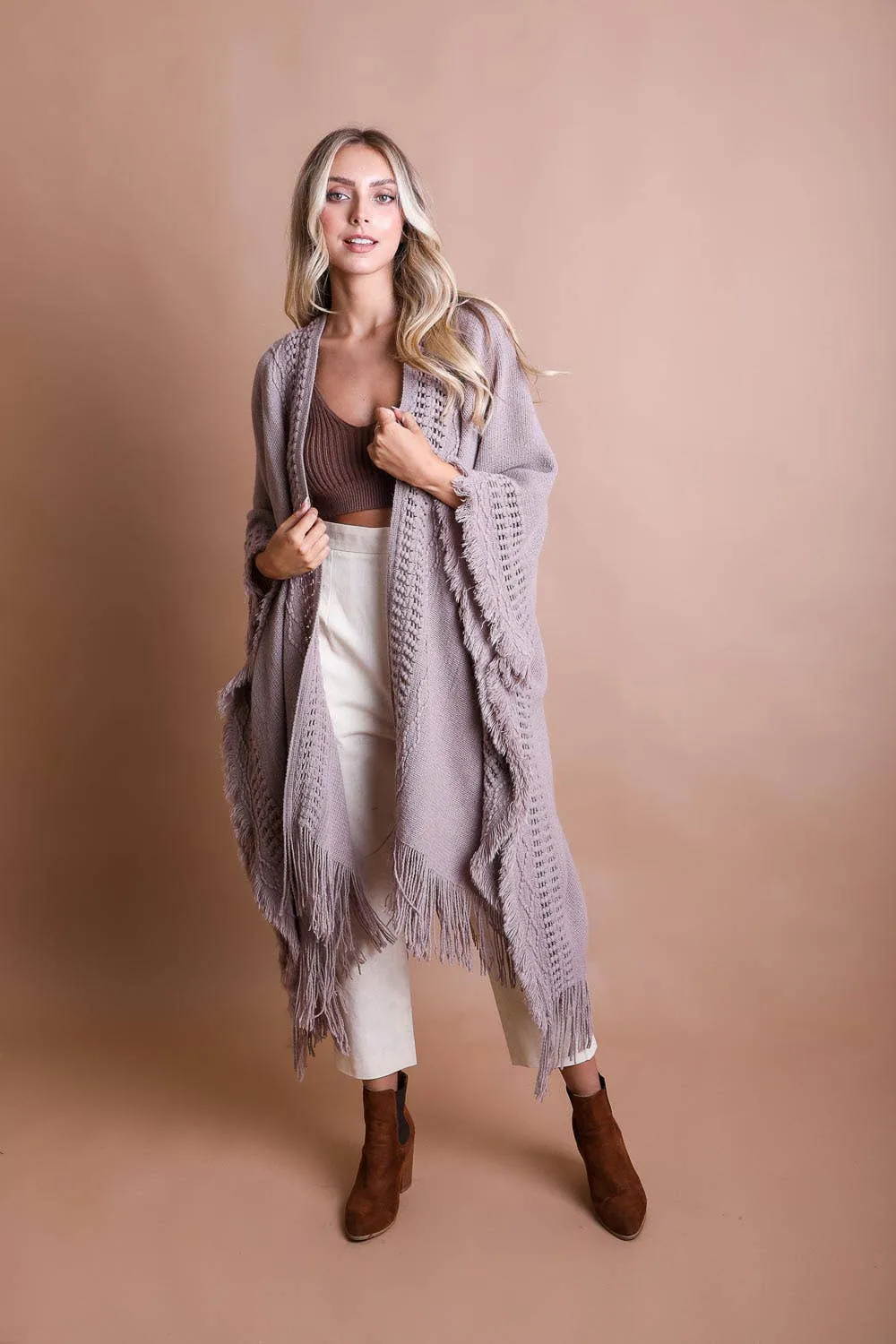 Open Work Frayed Border Bohemian Ruana: Beige