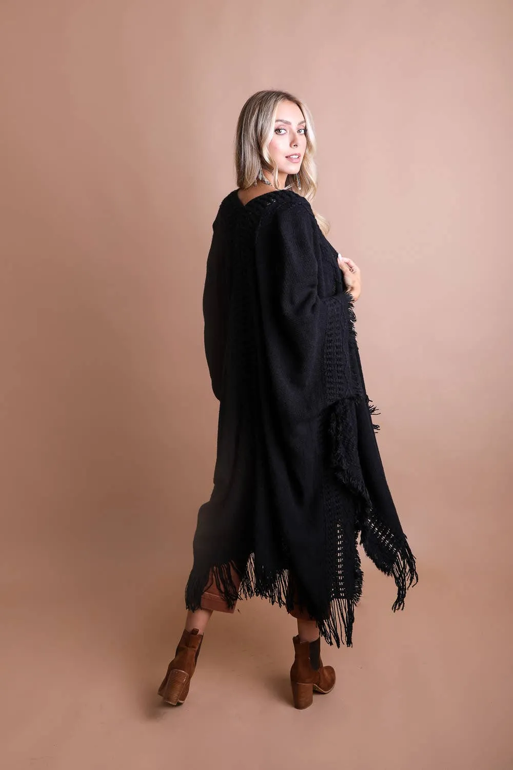 Open Work Frayed Border Bohemian Ruana: Beige