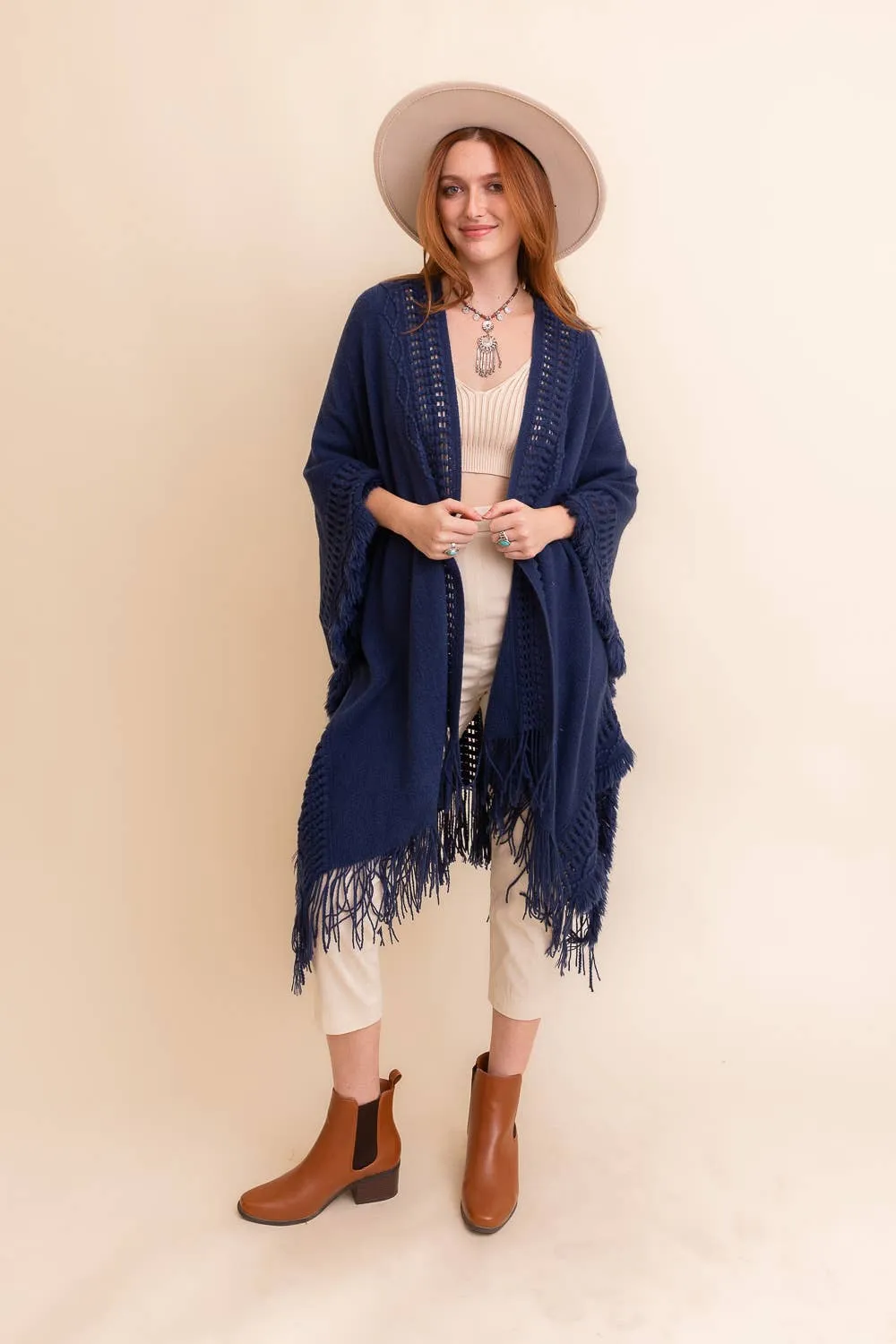 Open Work Frayed Border Bohemian Ruana: Beige
