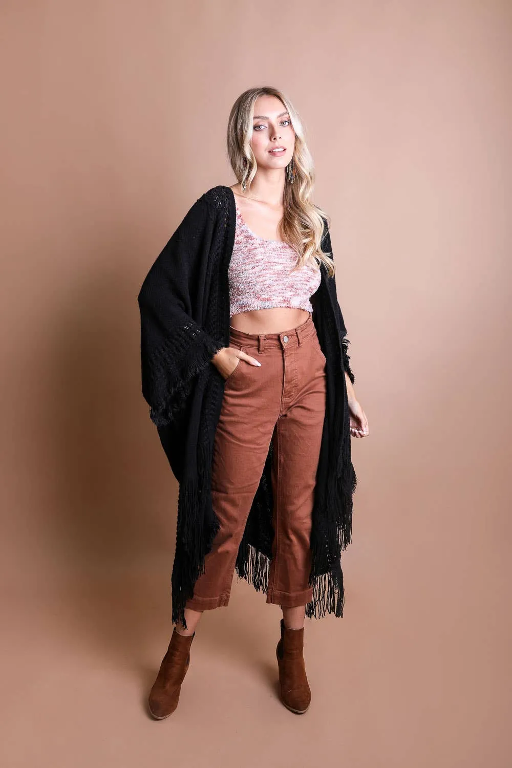 Open Work Frayed Border Bohemian Ruana: Beige