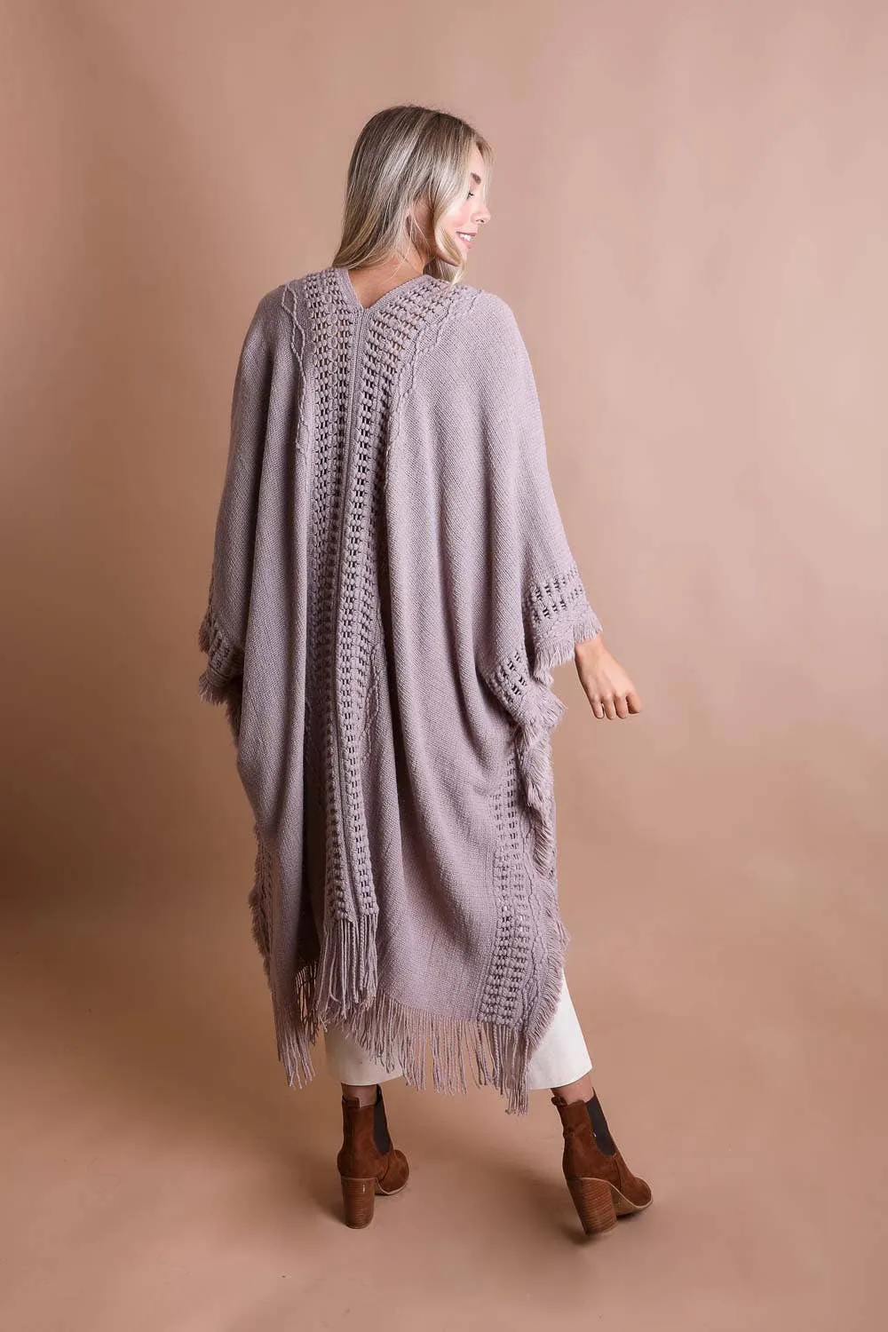 Open Work Frayed Border Bohemian Ruana: Beige