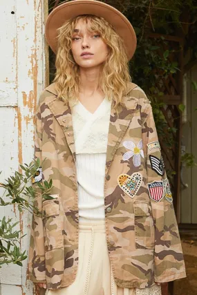 POL Clothing Camo Print Patch Sleeve Blazer