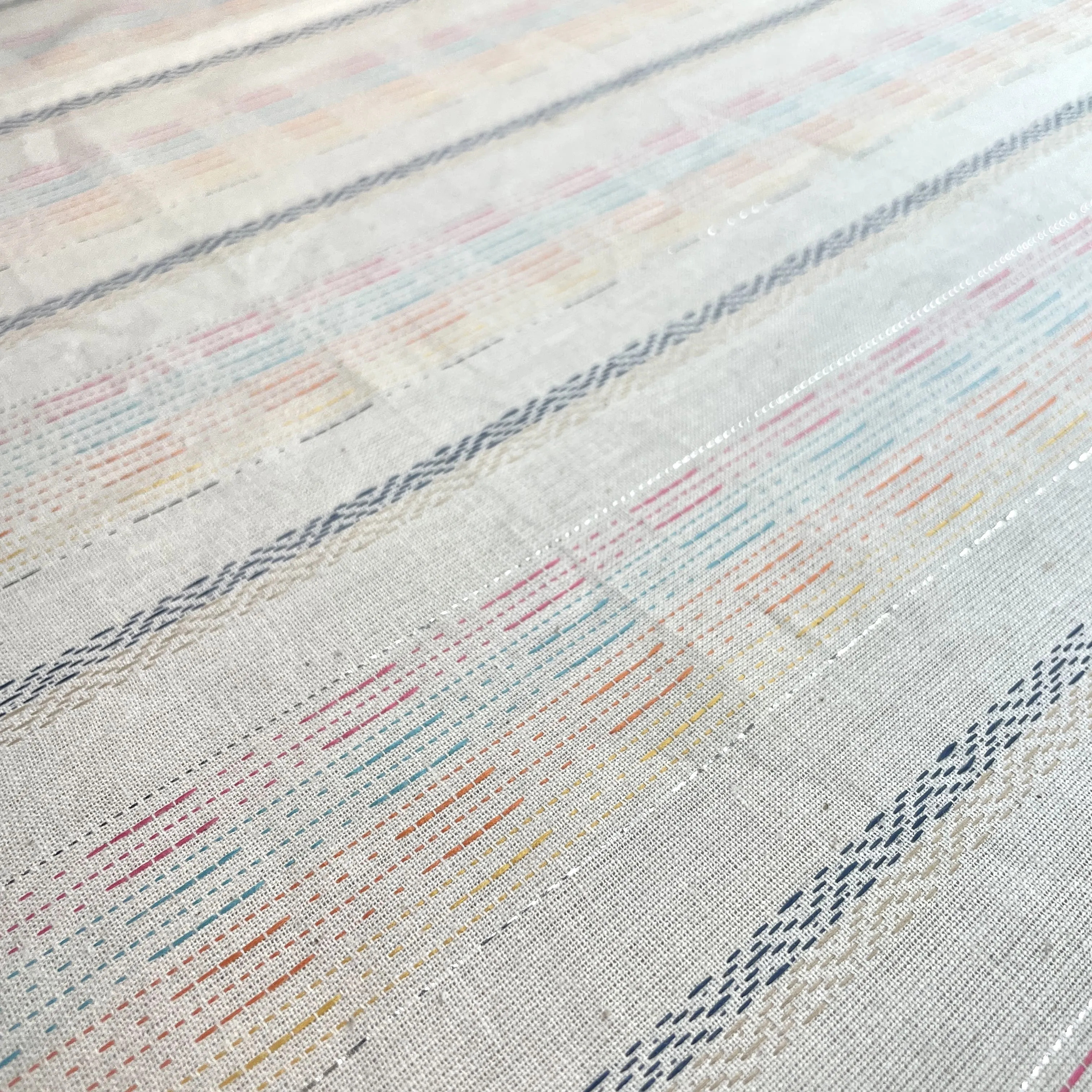 Premium OffWhite Multicolor Stripes Silver Lurex Dobby Embroidery Dyeable Cotton Fabric