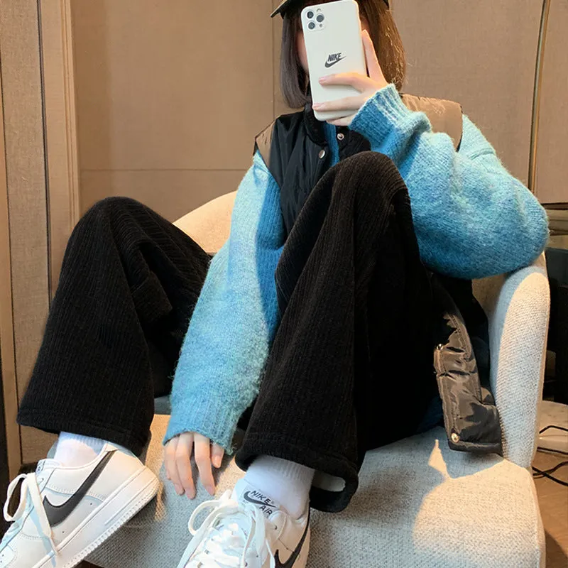 The Rock Turtleneck Wide-Leg Pants Autumn and Winter Fleece-Lined Thickened Casual Loose Corduroy Pants