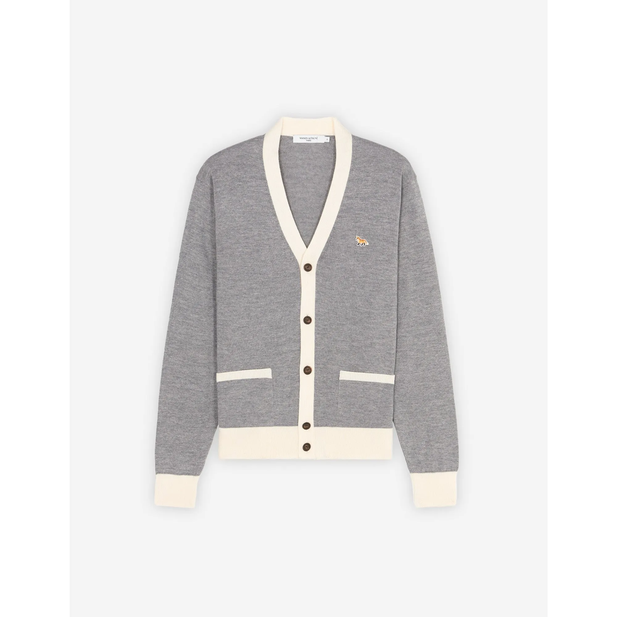 Unisex Baby Fox Patch Bi-Color Classic Cardigan - Grey Melange